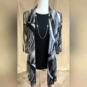 Creations Printed Black And White Mess Open Cardigan 3" Quarter Inch Sleeves
